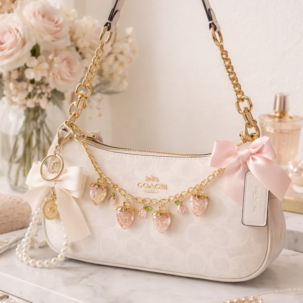 Coach Cream Shoulder Bag with Pink Strawberry Charms